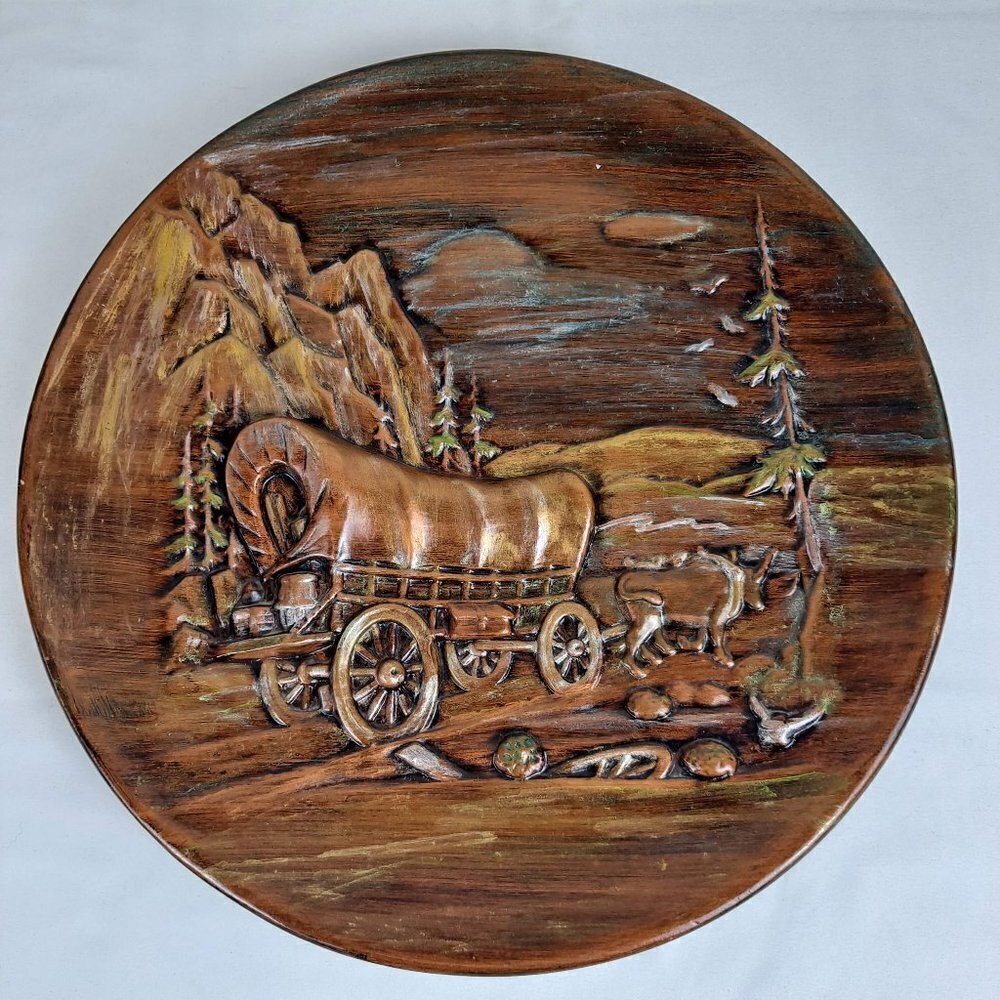 Vintage 1976 Handmade Plate Western Covered Wagon with Oxen Sunset Artist Signed